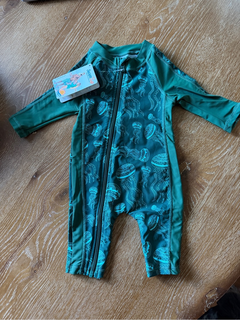 SwimZip Green One-Piece Swim Suit 0-6 months with Jellyfish Print